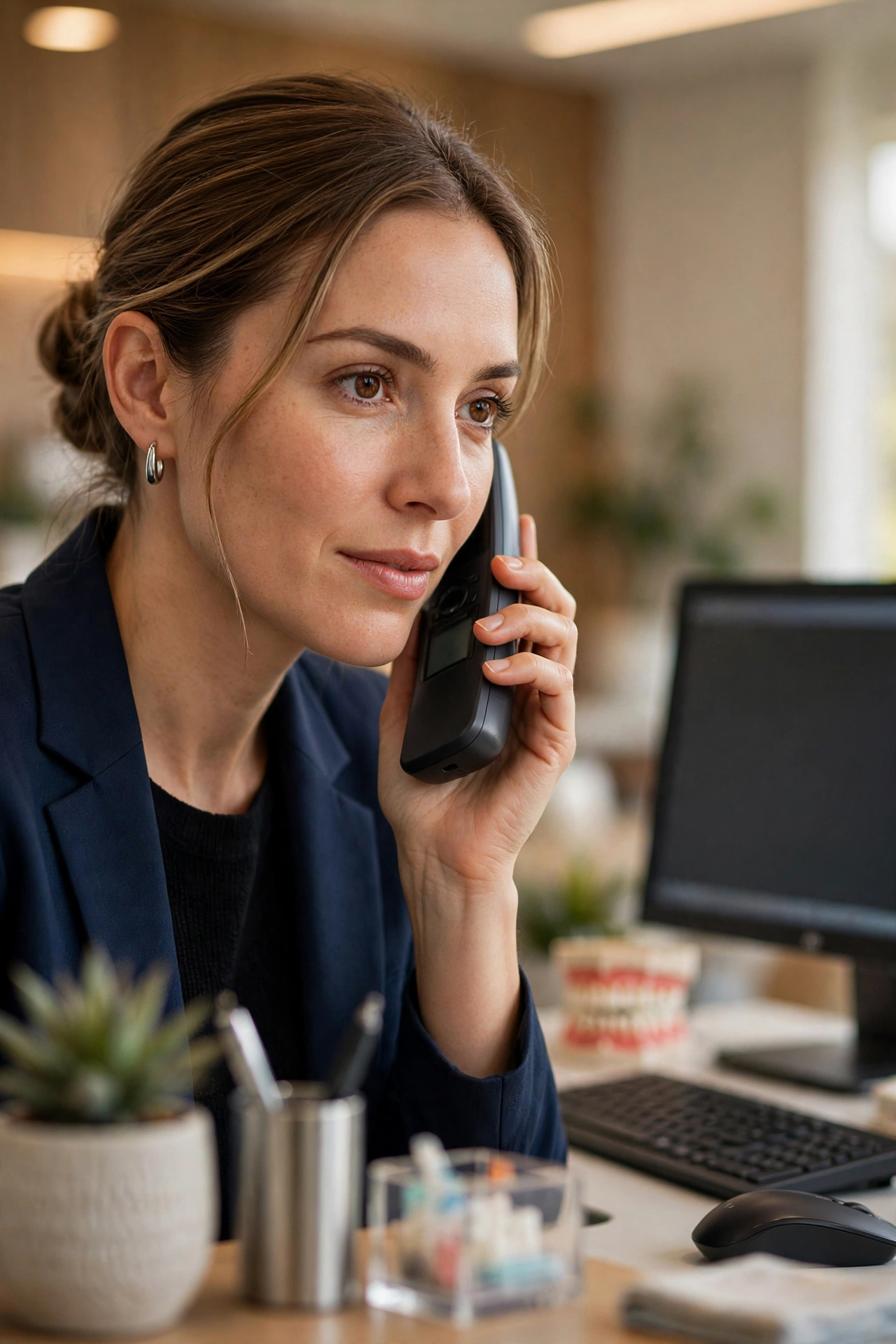 Dental office receptionist using a cordless desk phone