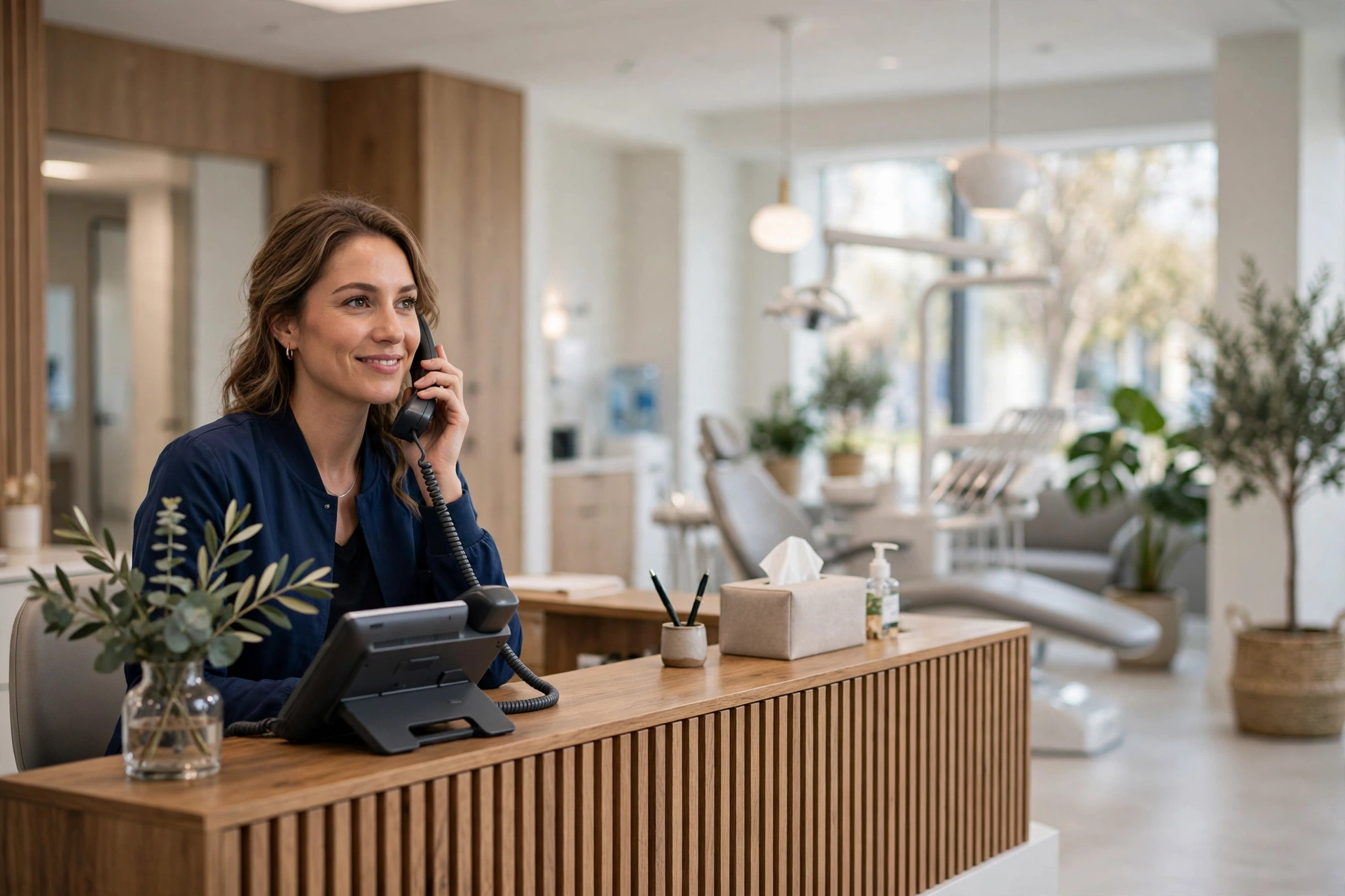 Dental office receptionist answering desk phone