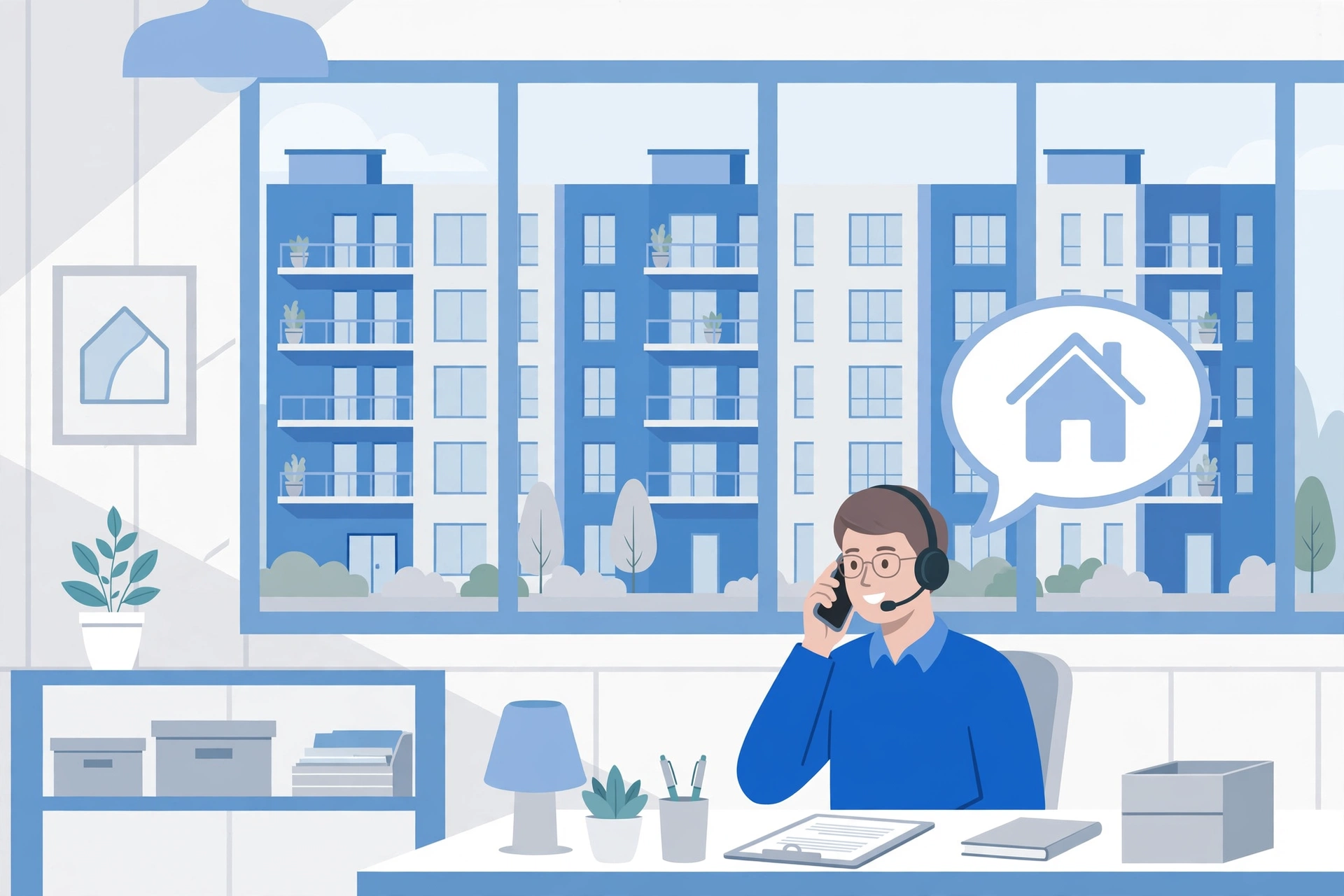 Property manager wearing a headset at a desk with apartment buildings