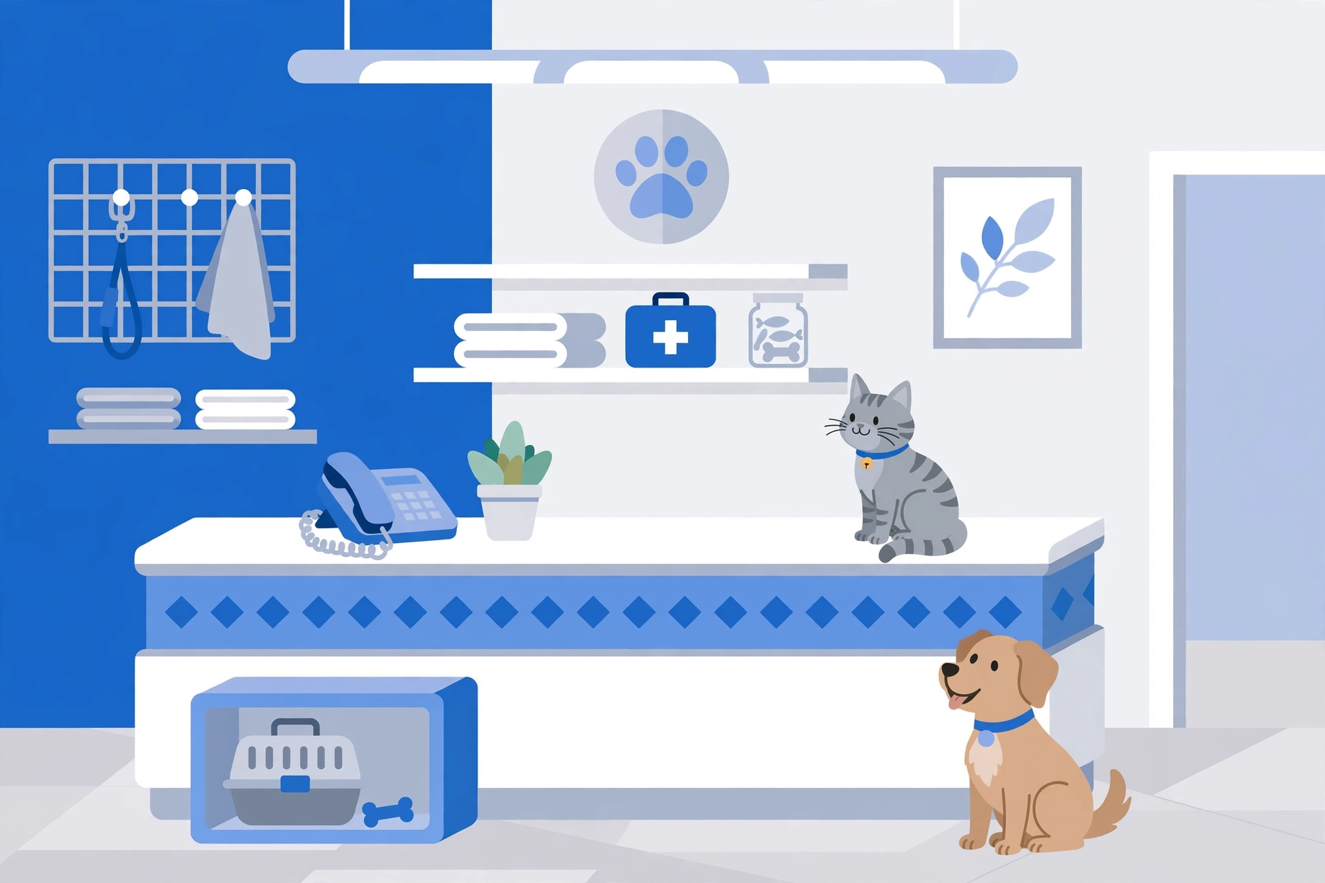 Veterinarian answering a business phone call at a clinic front desk