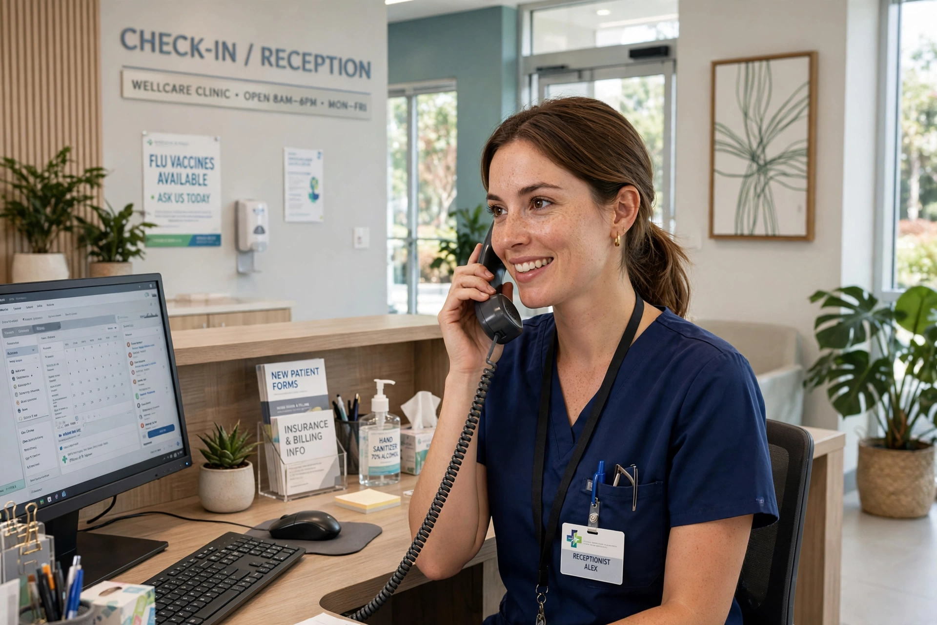 Medical office receptionist answering a desk phone
