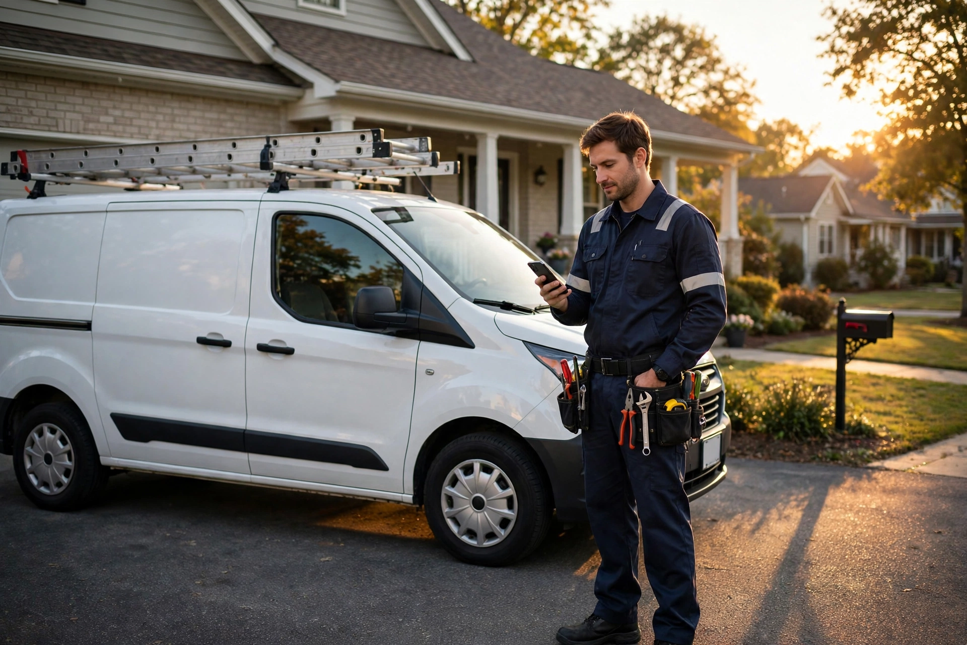 HVAC technician checking phone by service van