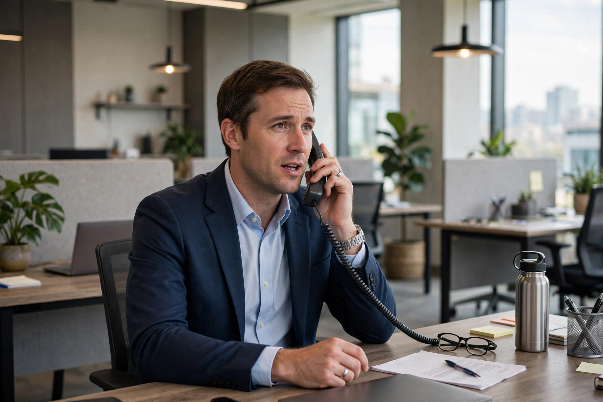 Insurance agent talking on a desk phone in an office