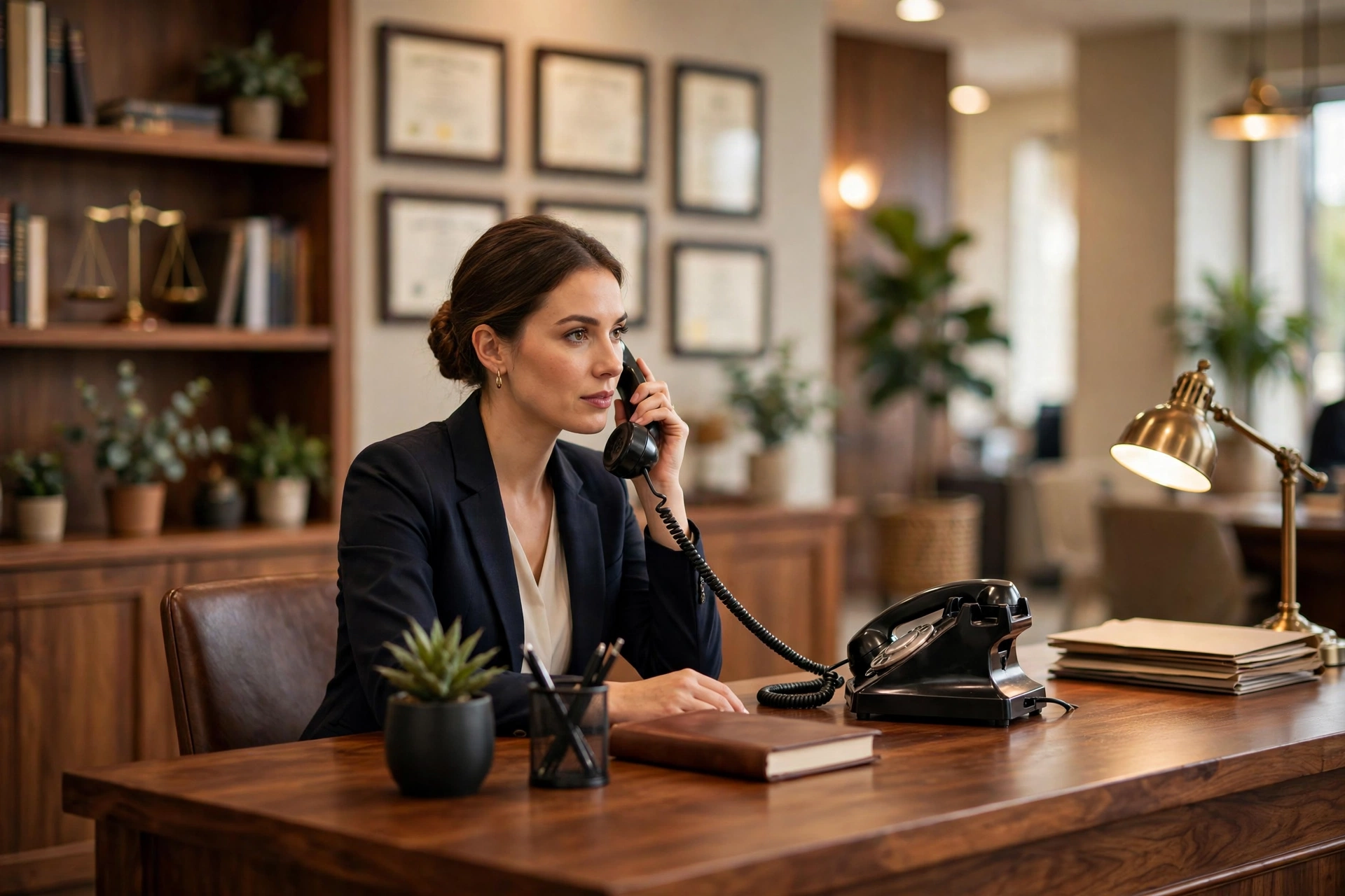 Law office receptionist answering a desk phone