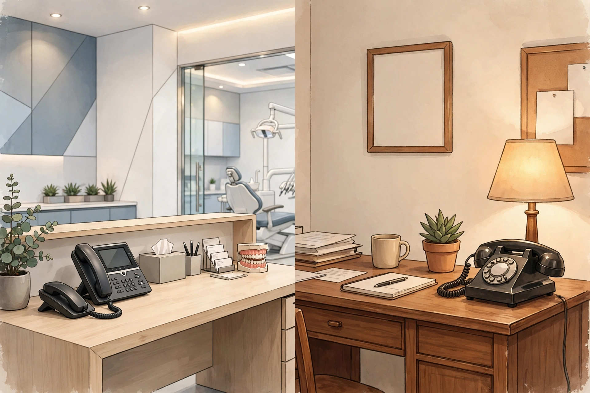 Dental office front desk comparing two business phone systems