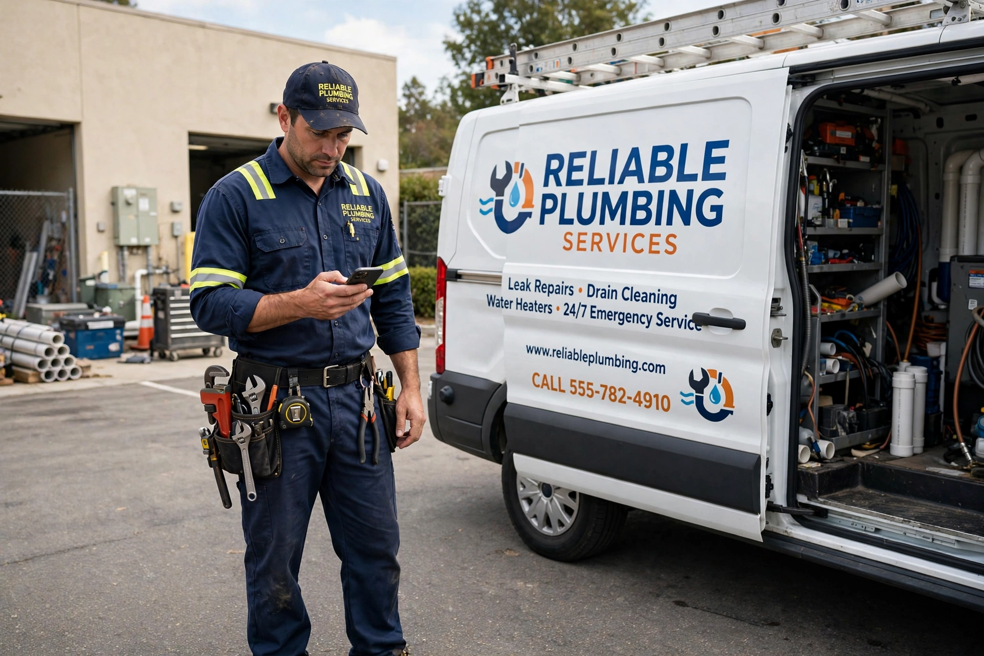 Plumber checking phone by service van