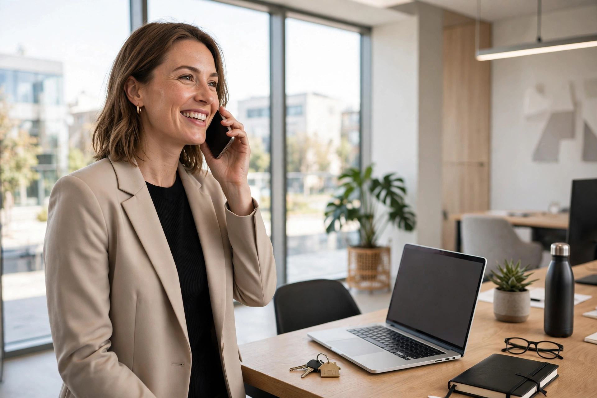 Real estate agent on a phone call in a modern office