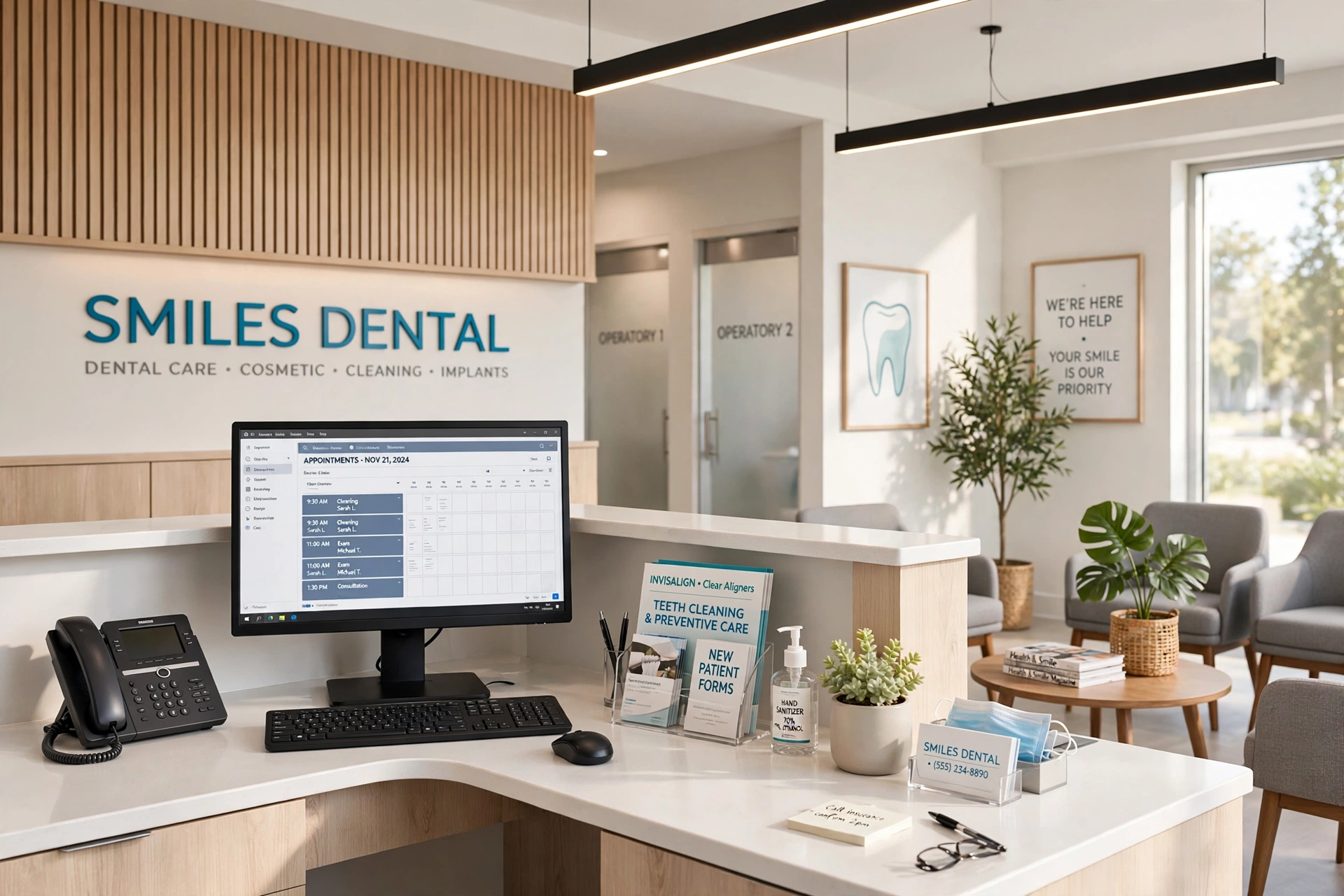 Modern dental office front desk with phone and computer